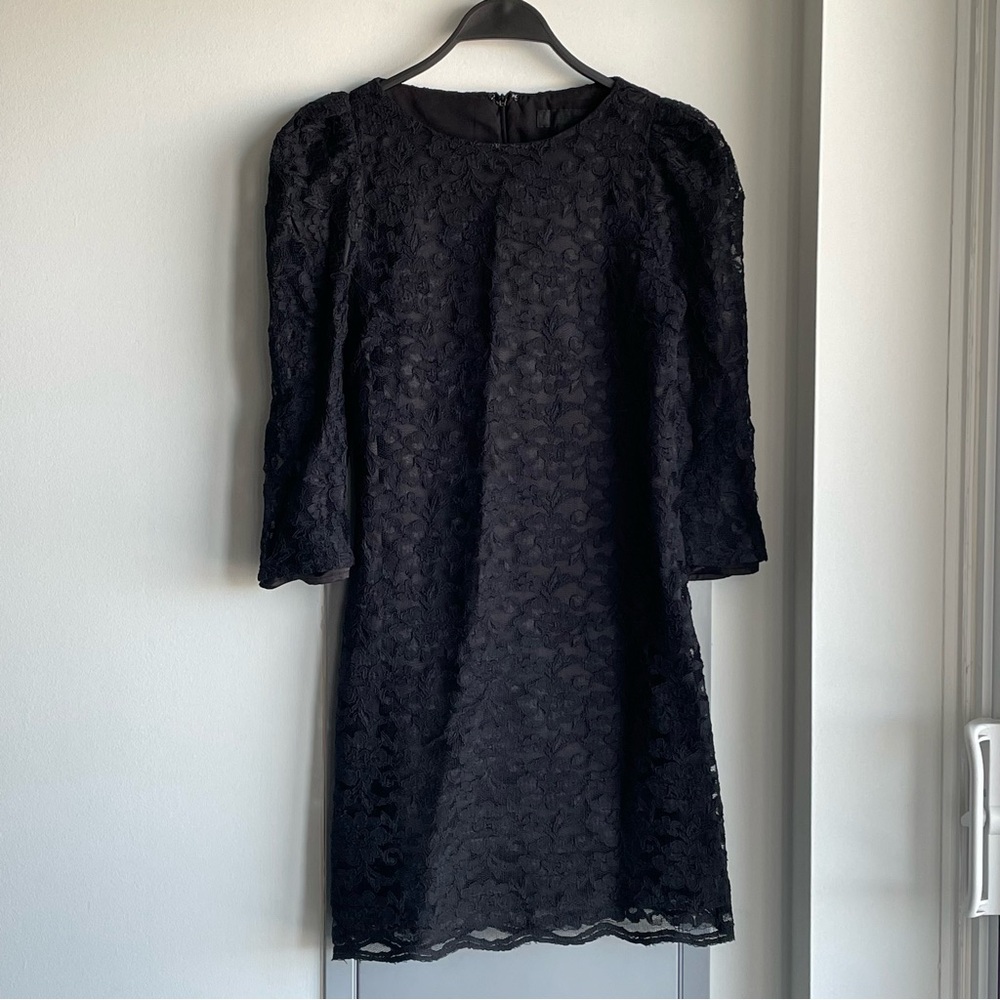 JILL STUART Elegant Black Lace Mini Dress with Puffy Shoulder and 3/4” Sleeves